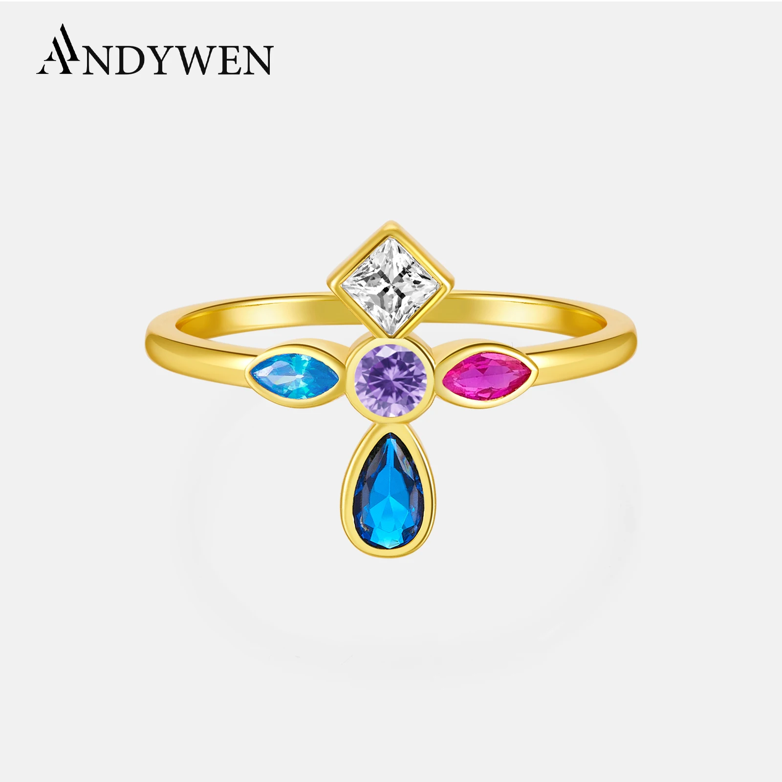 ANDYWEN 925 Sterling Silver Five Color Cross Rings Women Luxury Rainbow Luxury Fashion Fine Jewelry For Euorpean Luxury Crystal