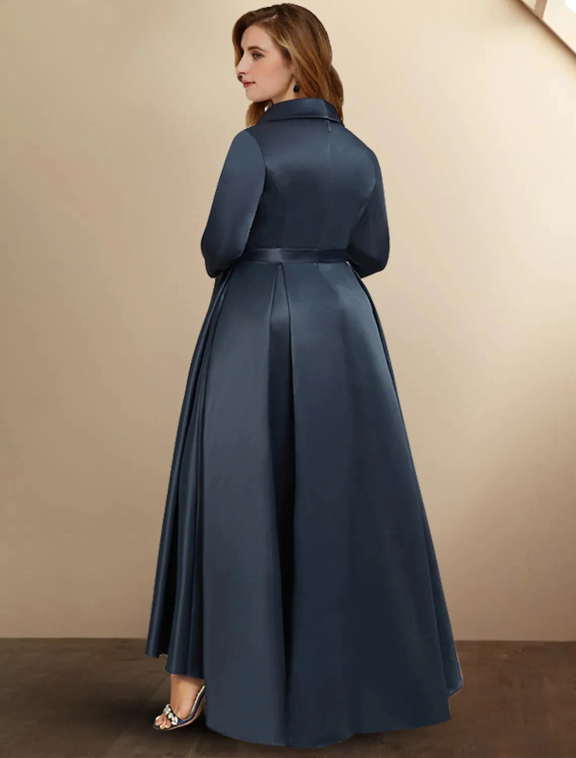 Dark Navy Mother of the Bride Dress 2025 High Low 3/4 Sleeve Satin with Bow Wedding Guest Party Gowns Plus Size