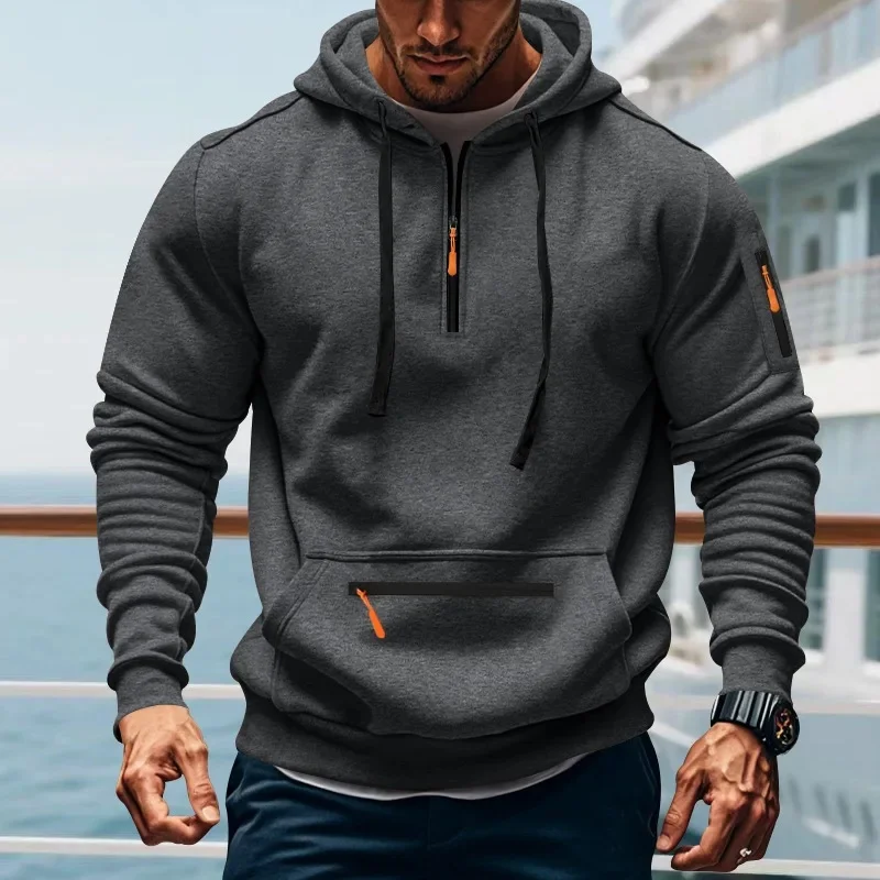 Fashion men\'s brand spring Autumn solid color sports hoodie retro Harajuku multi-pocket zipper casual loose long-sleeved pullove