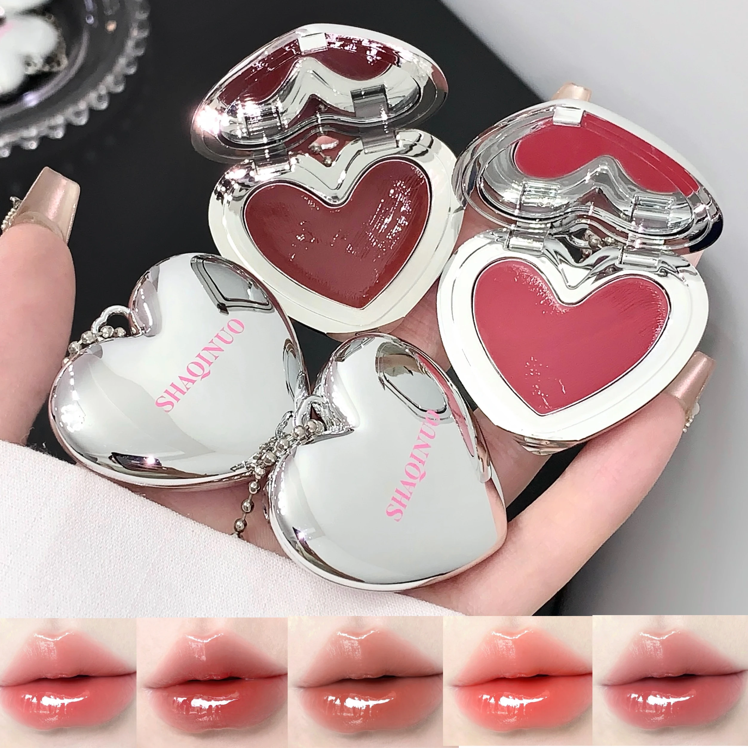 SHAQINUO Heart Shape Water Light Lip Llaze Mirror Pendant Lipstick Lip Gloss, Hydrating Moisturizing, Long Lasting