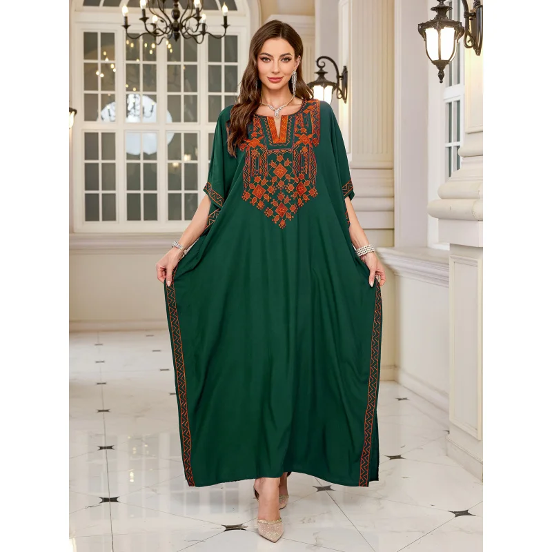 Sukienka maxi z haftem w stylu vintage z 2025 roku, seksowny dekolt w serek, rękawy nietoperzowe, wysoki stan, tunika, odzież damska, letnie sukienki plażowe.