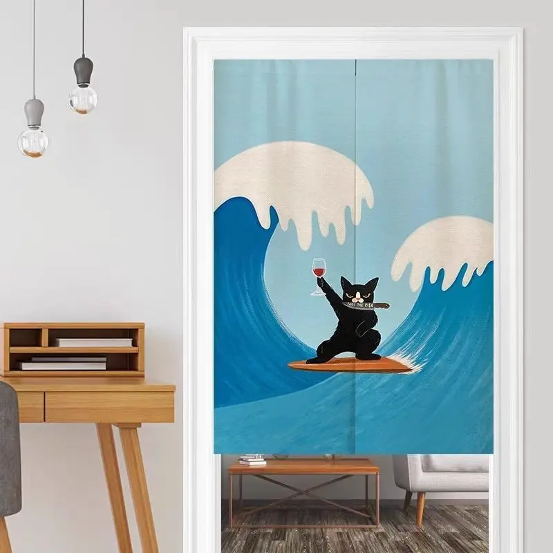 Fun Surfing Black Cat Door Curtain Kanagawa Waves Creative Cat No Punching Entrance Bedroom Privacy Partition Curtain