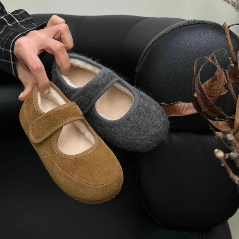 Winter Fashion Popular New Kids Solid Color Mary Janes Flat Casual Comfortable Student Warm Fleece Moccasin Loafers Girls Shoes