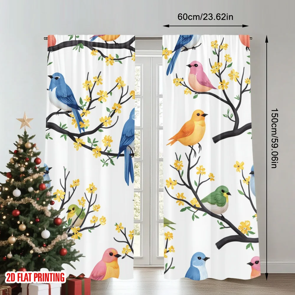 2pcs 2D flat printing Window Curtains Watercolor Birds Branch Berries Digital Printed Polyester Drapes Birthday Party Use for