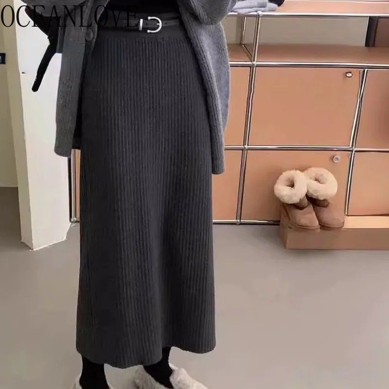 OCEANLOVE Knitted Long Skirts Solid Autumn Winter Korean Fashion Faldas Mujer Thick Chic A-line Elegant Basics Women Skirt