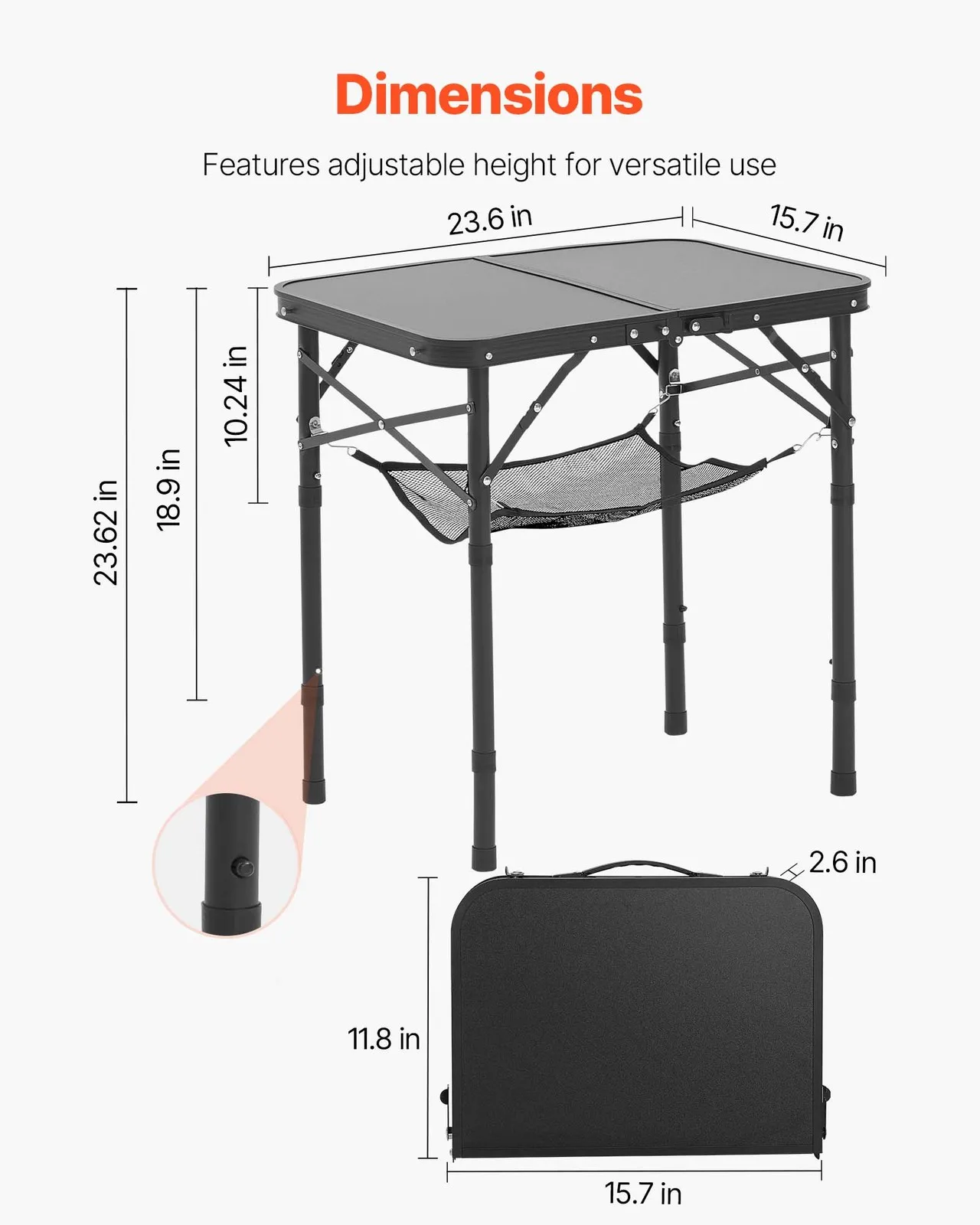 VEVOR 2ft Folding Portable Camping Table Aluminum OutdoorTable Adjustable Height