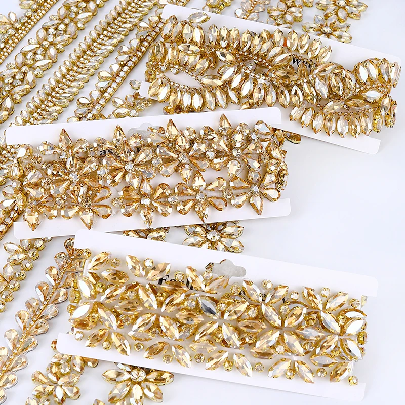 QIAO Hot Fix Gold Schatten-Strassborte für Kleidung, Taschen, Hochzeitskleider, DIY-Bastelarbeiten, Kristallstreifen zum Aufbügeln, handgefertigte Accessoires – Detail 5