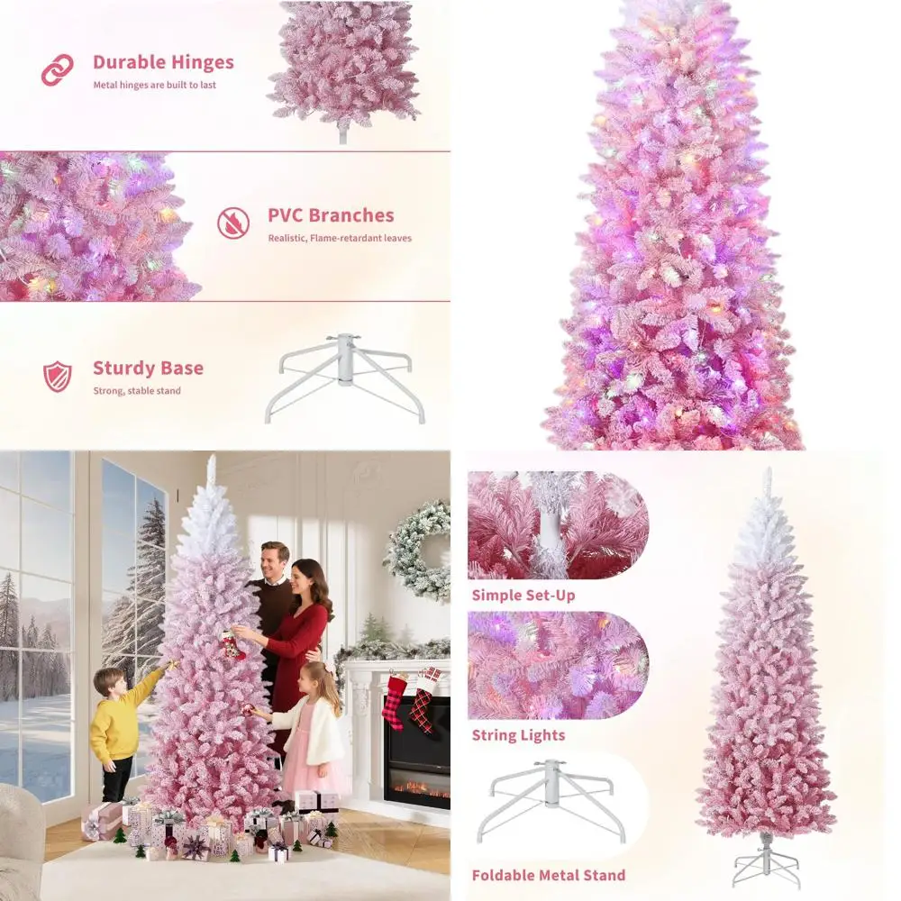 

6-футовая тонкая искусственная рождественская елка с розовым градиентом и металлической подставкой для дома и офиса, праздников