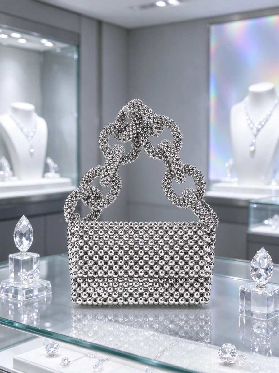 Women Silver Beaded Woven Top Handle Evening Handbag Elegant Full Bead Decor Tote Purse For Mature Ladies Wedding Banquet Formal
