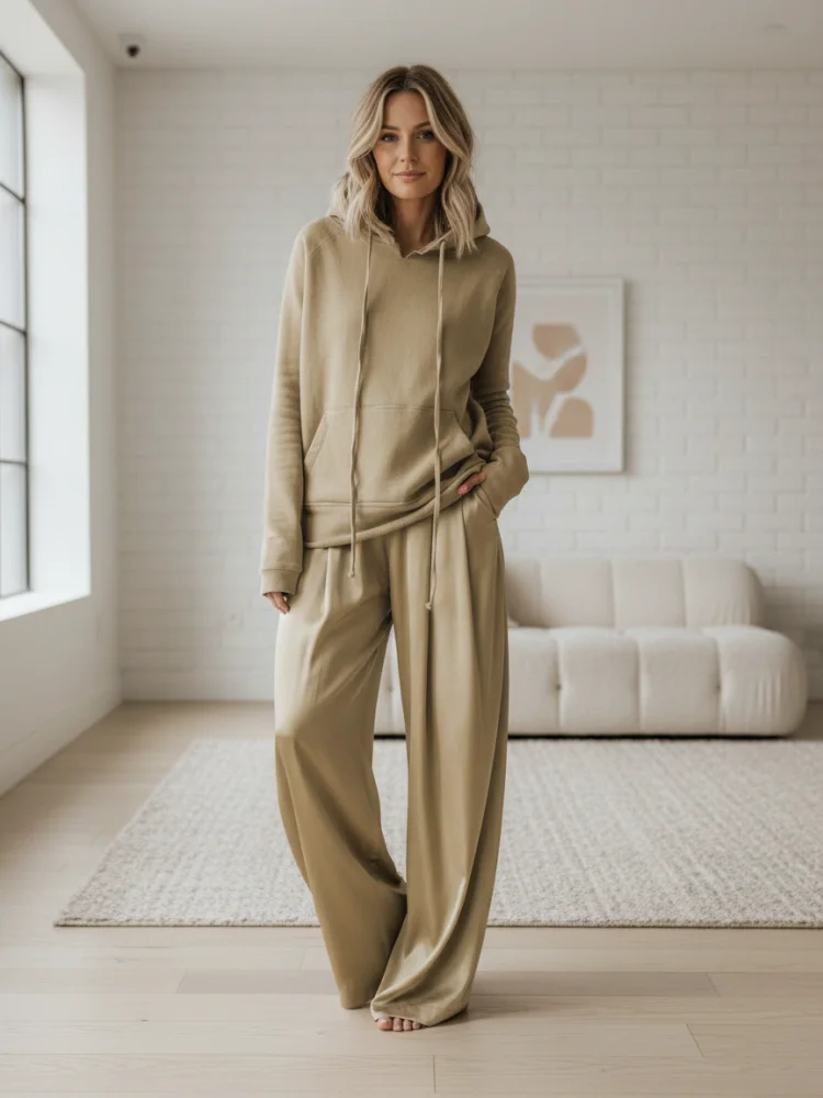 

Onecozyday High Waist Wide Leg Pants and Long Sleeves Hooded Sweatshirt 2025 New Loose Fit Casual Two-piece Sets for Women