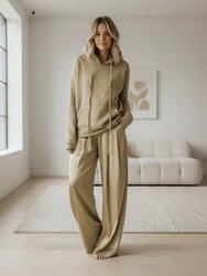 Onecozyday High Waist Wide Leg Pants and Long Sleeves Hooded Sweatshirt 2025 New Loose Fit Casual Two-piece Sets for Women