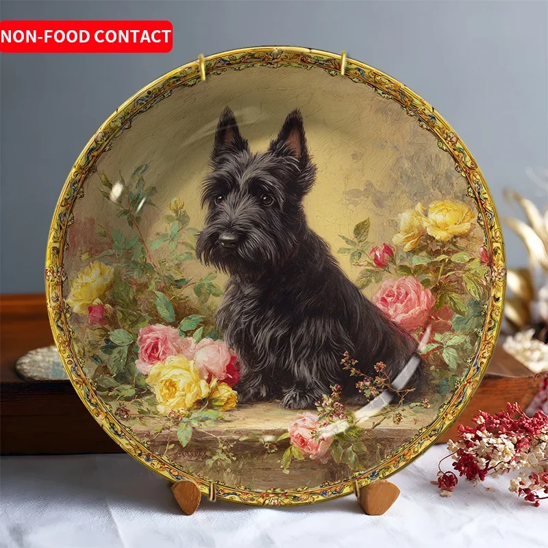 Hand-Painted Black Dog & Rose Ceramic Plaque - Elegant Floral Decor with Vintage Tableware Look, Non-Food Contact Safe -