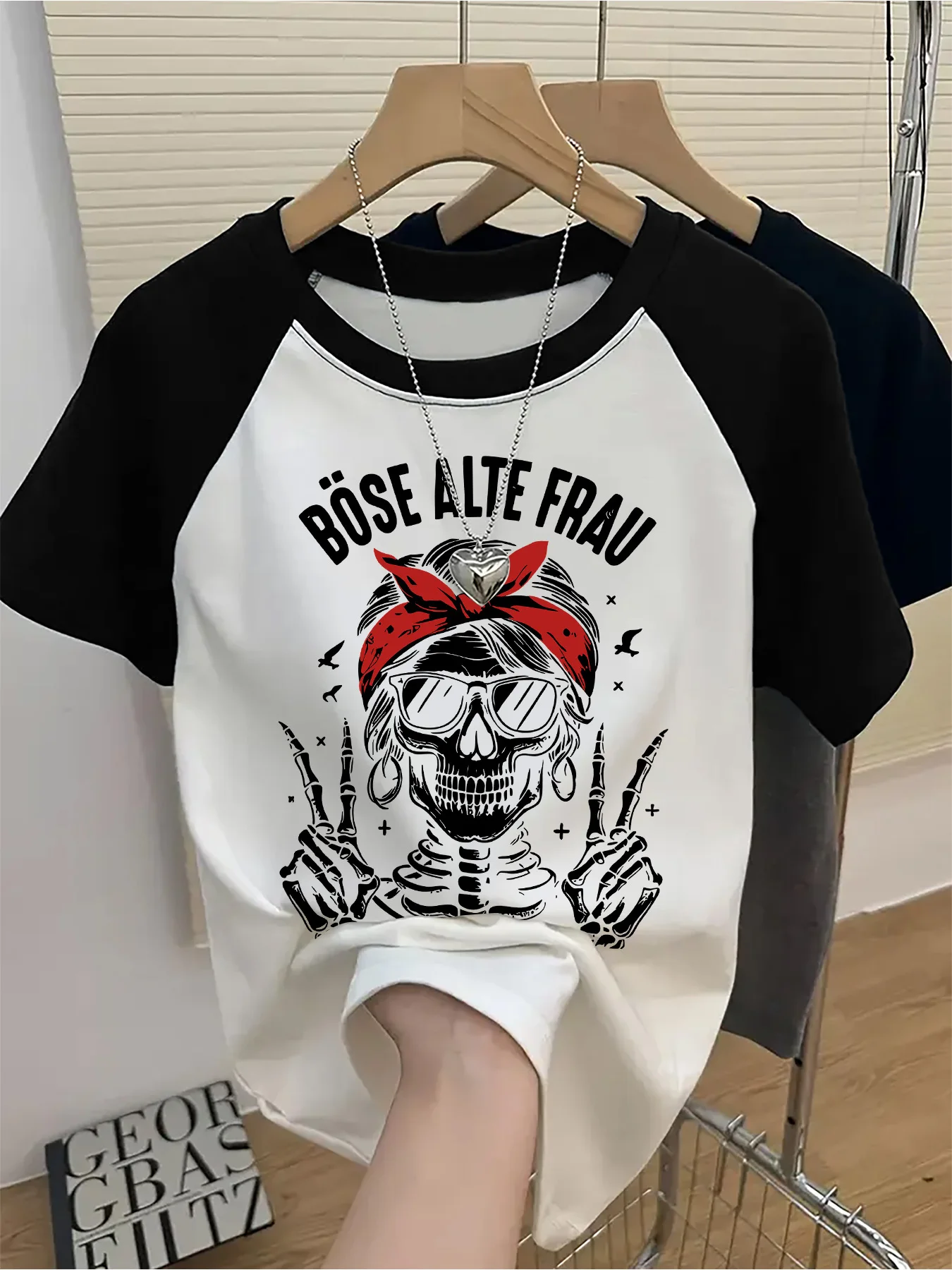 Women's Casual Graphic T Shirt Böse Alte Frau Skull Design Print Raglan Short Sleeve T-shirt Fashion Casual Tops Clothes Female
