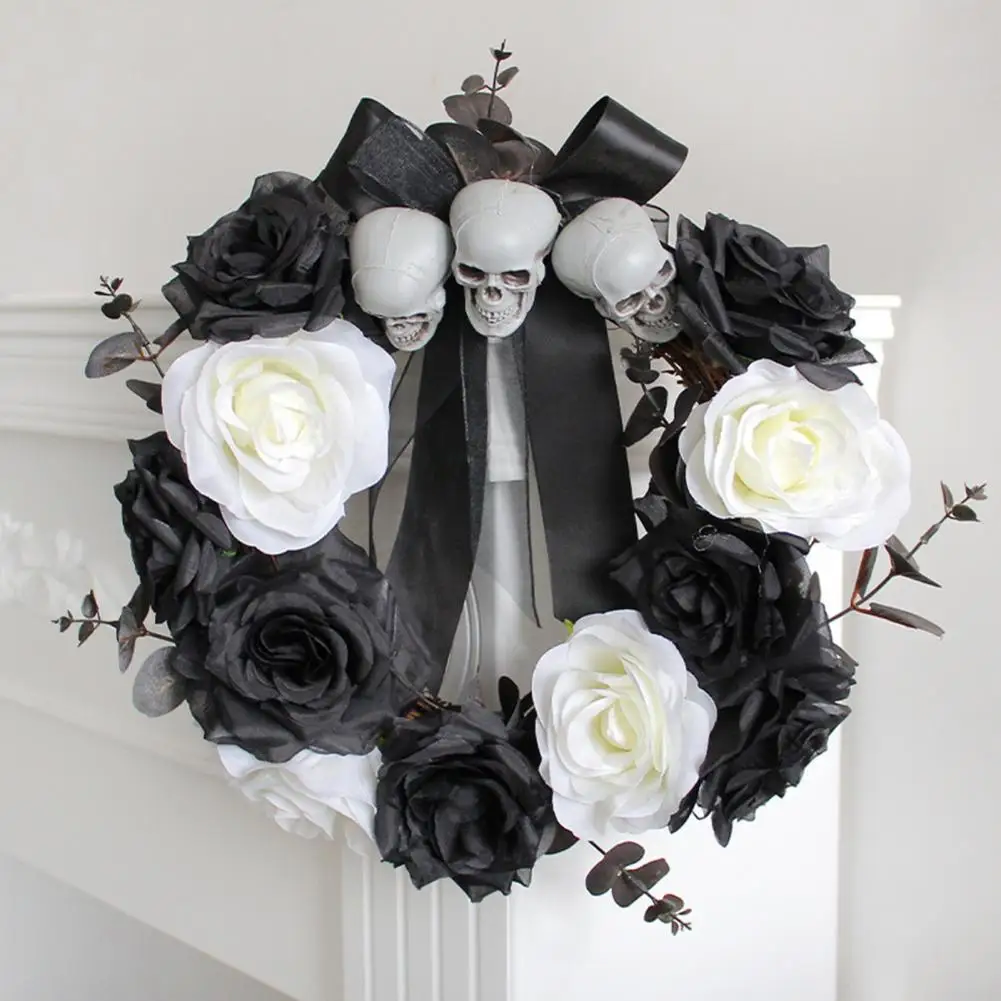 

Halloween Decorations Skeleton Wreath White Black Withered Rose Flower Horror Pendant Front Door Garland Wall Party Supplies