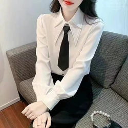 Women Clothing Spring Autumn White Youth All-match Elegant Blouse Long Sleeve Polo Neck Loose Solid Fashion Shirt Tops Office