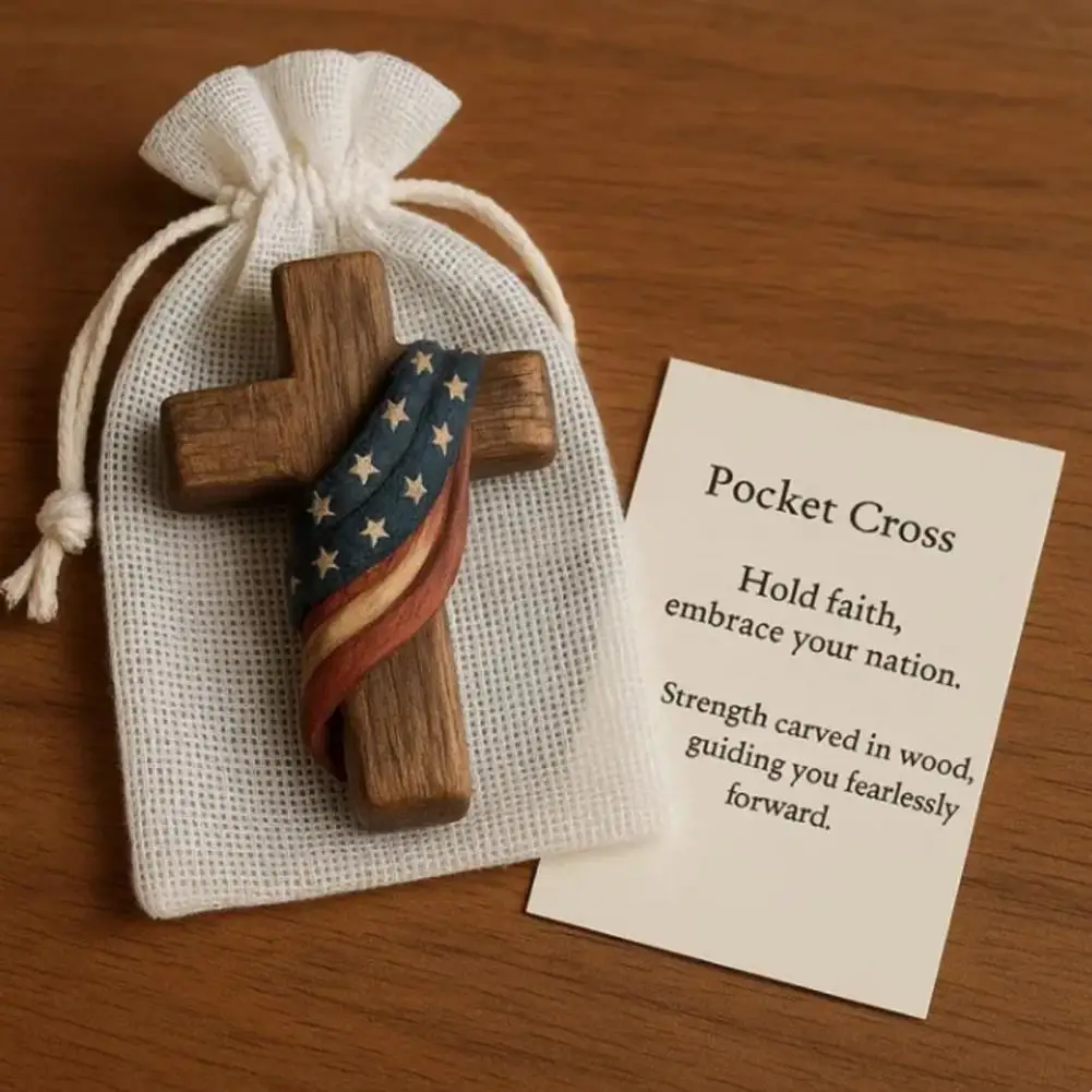 Wooden Faith Ornament Christian Inspirational Pocket Hug Set with Patriotic Faith Token Wooden Gifts for Faith Portable