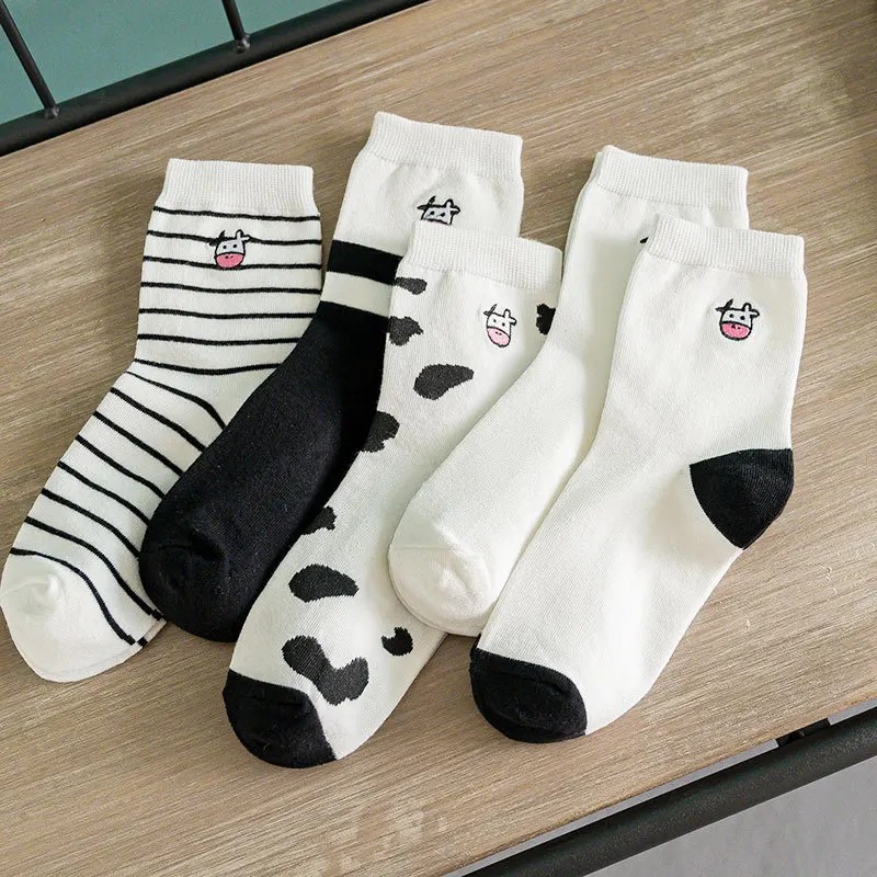 

Cartoon Print Socks for Women Kawaii Cow Embroidery Spring Summer Cotton Short Socks for Ladies Girls Female Socks Sokken