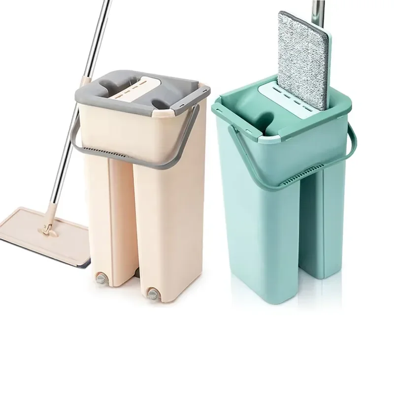 Microfiber Flat Mop with Bucket Set Hands Free Washing Plastic Extrusion Mop for Household Floor Dusting Dry and Wet Cleaning