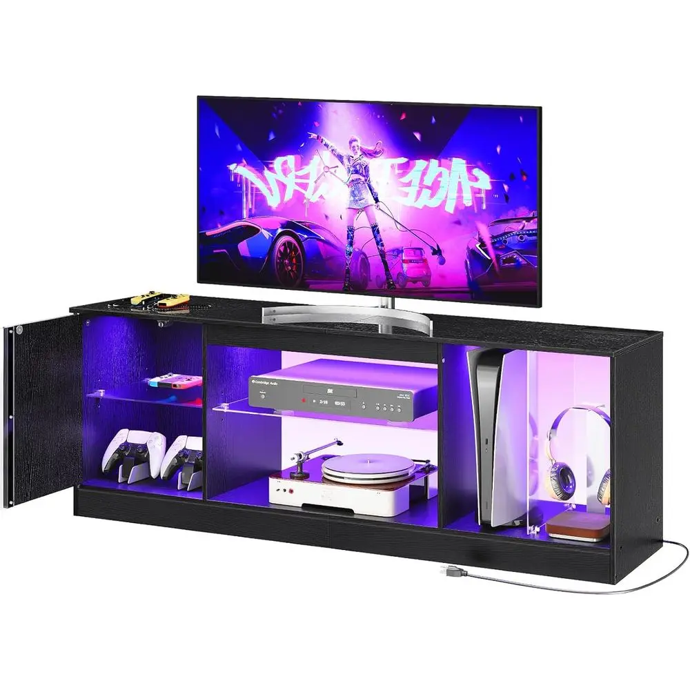55-65 Inch TV Stand with Power Outlets, LED Light Entertainment Center, Adjustable Glass Shelf Media TV Stand