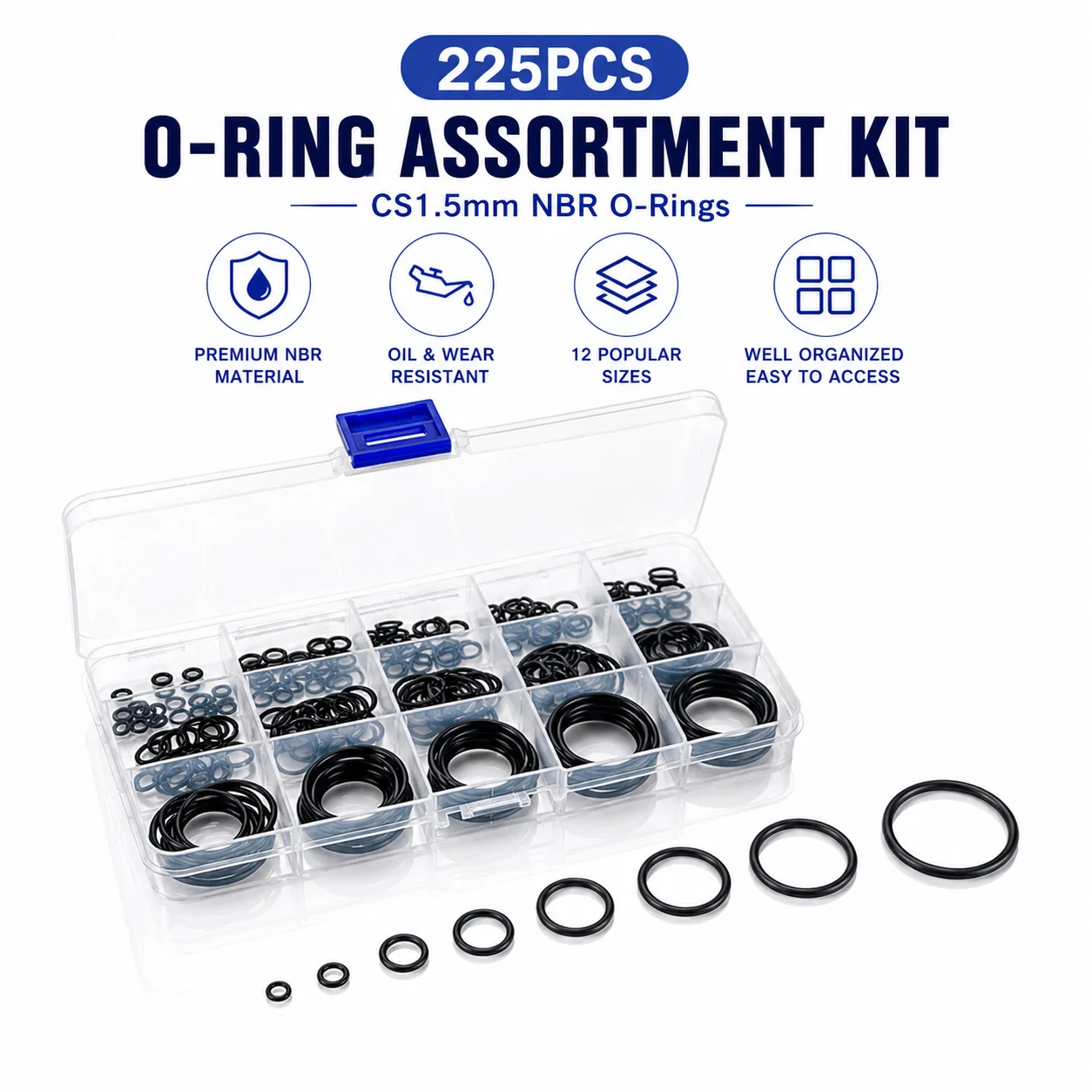 225 Black NBR O-ring Combination CS 1.5mm Outer Diameter 6-30mm Multi Model Waterproof and Oil Proof Rubber Ring