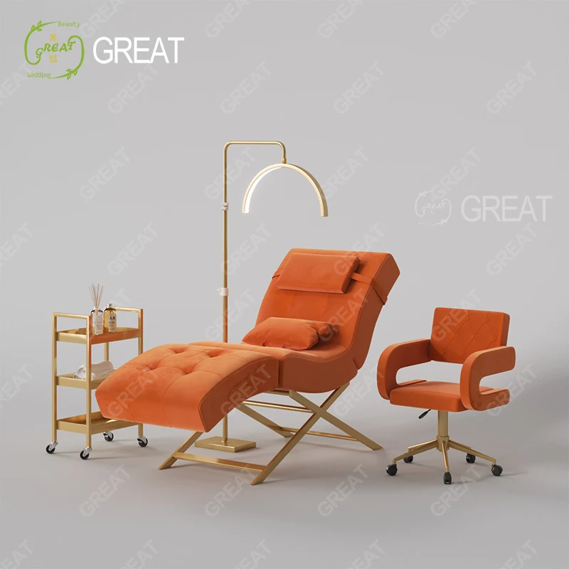 Modern Orange Fabric Eyebrow Bed Gold Metal Base Head Adjustable Facial Cosmetic Lash Bed With Chair Set