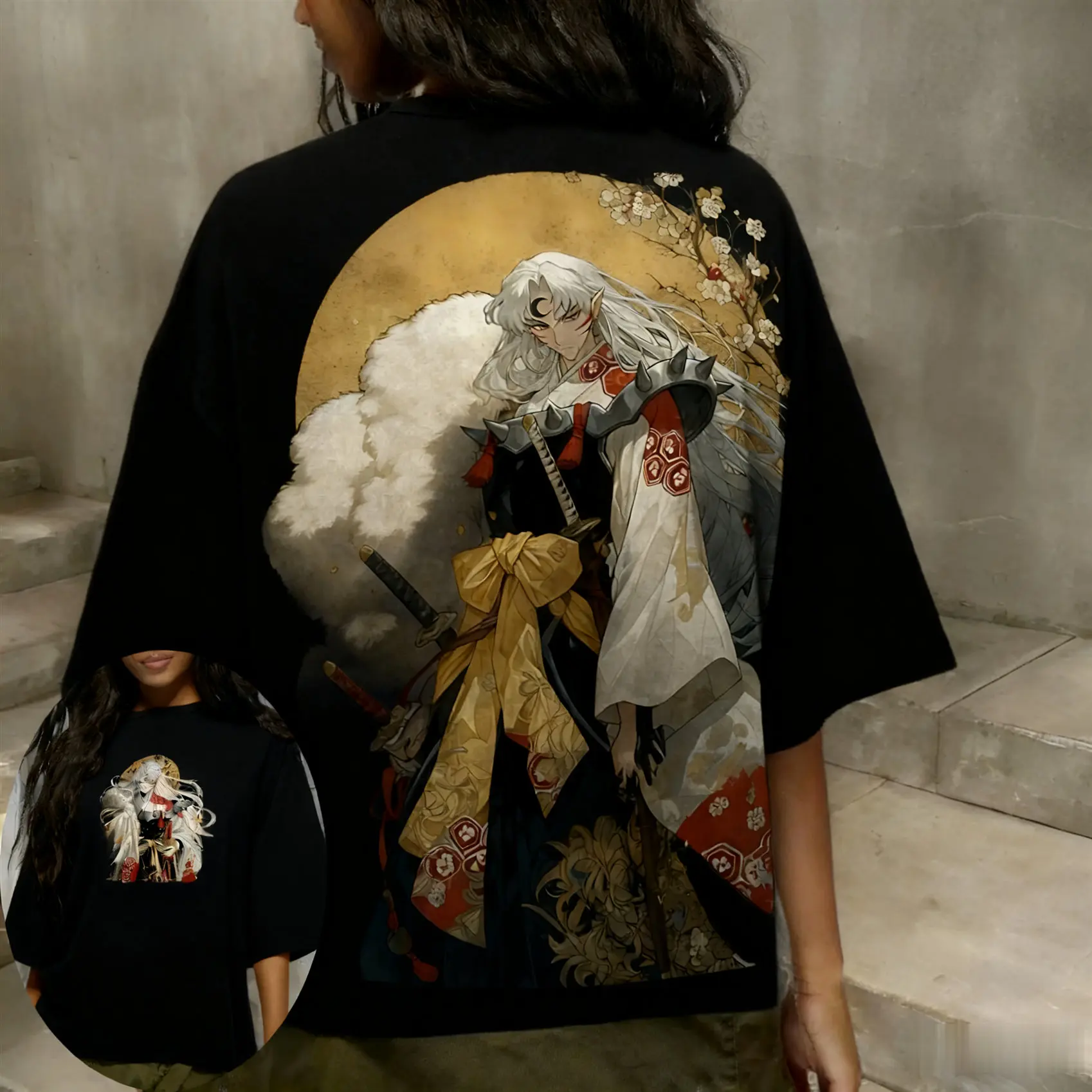 Inuyasha Sesshōmaru Retro-Kurzarm-T-Shirt für Damen mit Rundhalsausschnitt, Eltern-Kind-Qualität, Sommer, übergroß, bequem, Sport-Top