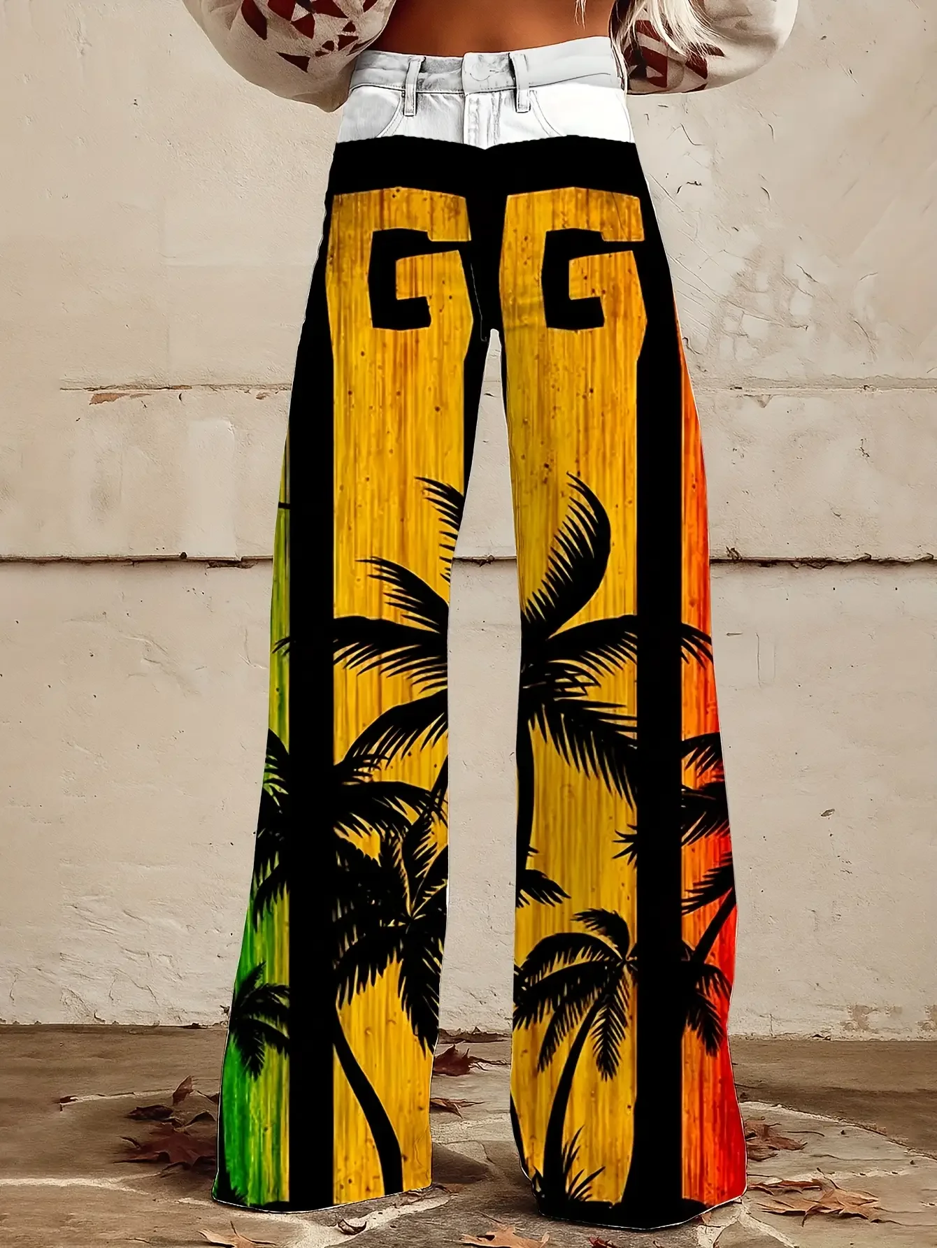 Fashionable and casual tropical rainforest printed loose trumpet imitation jeans