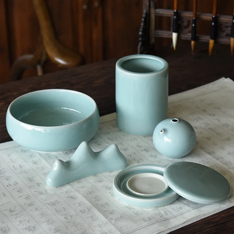 

celadon Four Treasures of the Study set boutique high-end ceramic calligraphy set beginners adult inkstone.