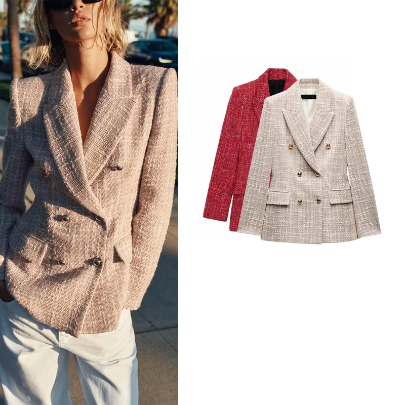 Wiosenna Nowa Elegancka Teksturowana Dwurzędowa Marynarka z Długim Rękawem i Kołnierzykiem, Mała Czarna Sukienka-Garnitur dla Kobiet