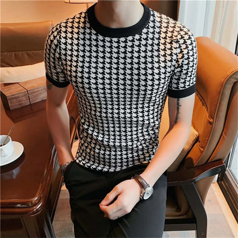 Luxury Men Autumn Slim Knitted Tshirt 2024 New Houndstooth O-neck Short Sleeve Top Tees Streetwear Social Club Casual Tee Shirt