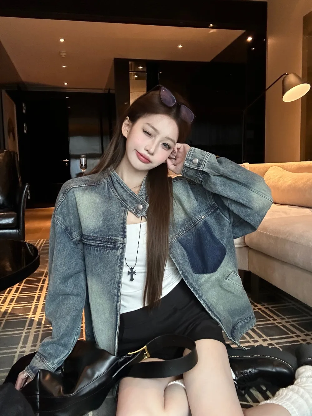 

Denim Coats Unisex Womens Autumn Twill Button-Up Vintage Subcultural Epaulettes Sashes Waistband Leisure College Travel Varsity