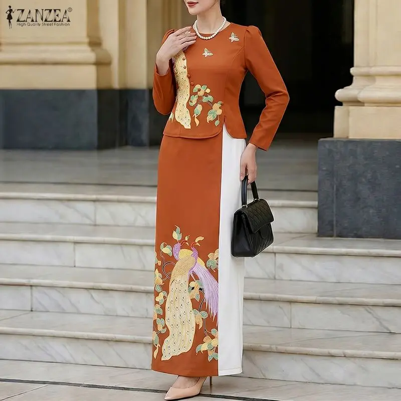 Fashion ZANZEA Women Dress Sets Print 2PCS Summer Autumn Thin Long Sleeve Tops Long Skirt Two-piece Outfits OL Matching Sets