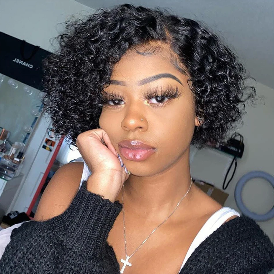 Short Pixie Cut Wigs Brazilian Human Hair Curly Wigs Cheap 13X1 Transparent Lace Wig Preplucked Hairline Wigs For Black Women