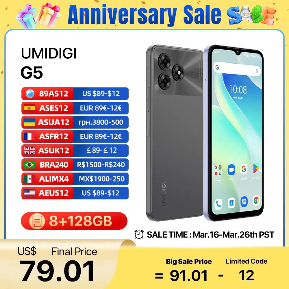 هاتف UMIDIGI G5 الذكي أندرويد 13، 6.6 بوصة HD + شاشة 8 + 8 جيجابايت 128 جيجابايت 50 ميجابكسل كاميرا 90 هرتز بطارية رفيعة للغاية 5000 مللي أمبير في الساعة ثنائي الشريحة 4G هاتف محمول