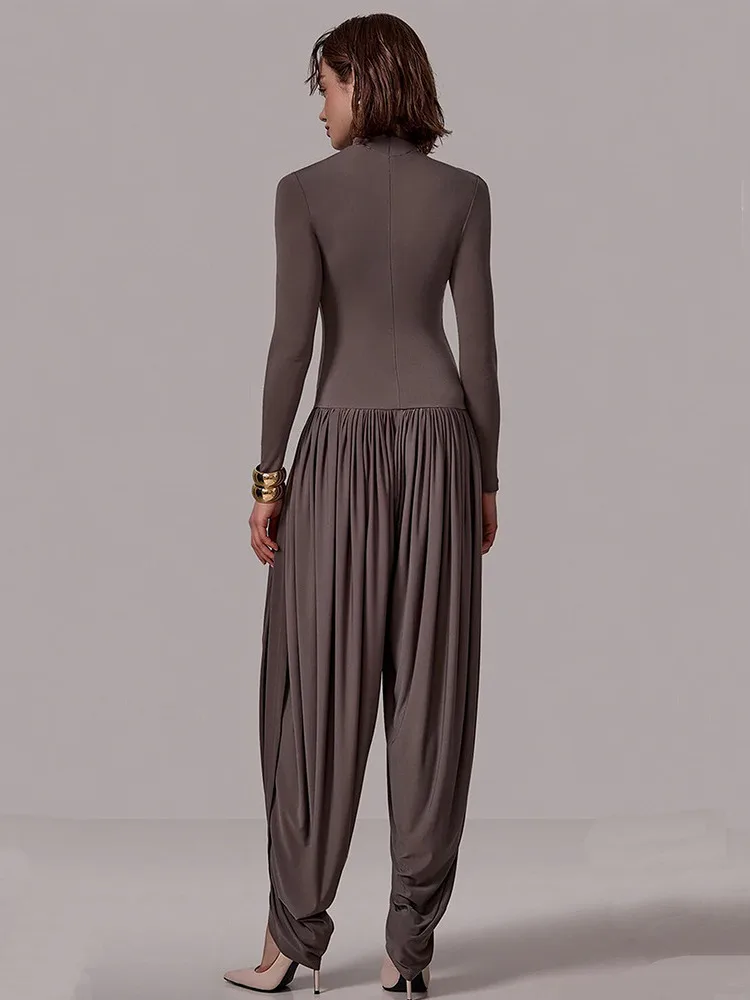 Absobe-monos fruncidos con abertura lateral para mujer, monos sexys de manga larga ajustados de cintura alta, pelele, pantalones de una pieza, ropa de calle, novedad de otoño