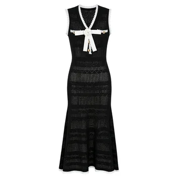 ZJYT Summer Elegant Knitted Dresses for Woman 2026 Fashion New Sleeveless Bowknot Midi Casual Party Dress Pink White Vestidos 2
