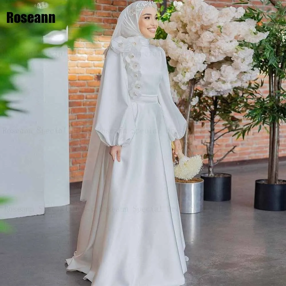 

Muslim Fashion 2024 A-line Wedding Dresses Handmade Flower Full Satin Draped Pleat Belt Floor Length Bride Gown robe de mariée