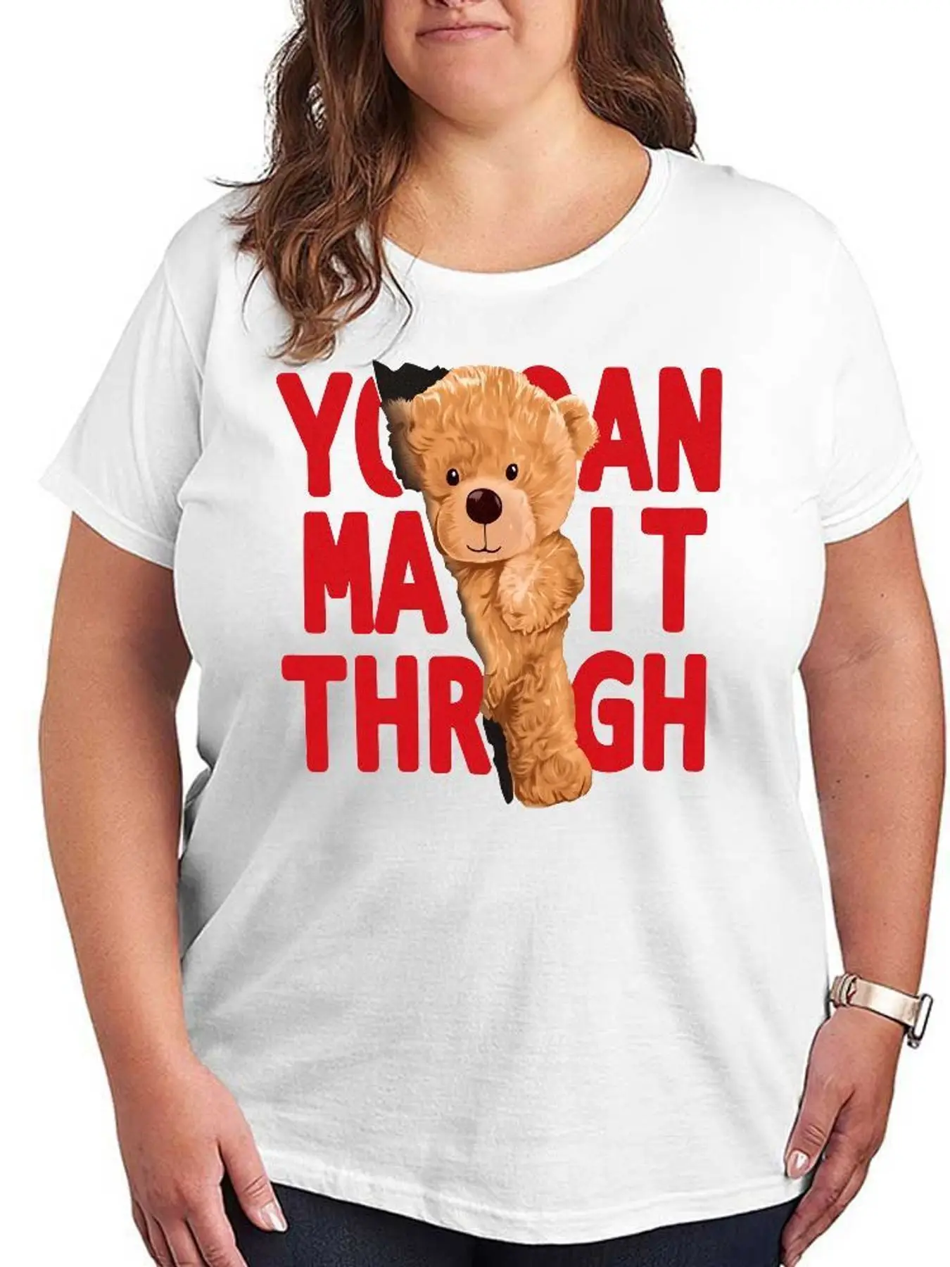 Cute Teddy Bear You Can Make It Through Graphic T Shirt Women Fashion Stretchy Plus Size Short Sleeve Casual Soft Tee Tops