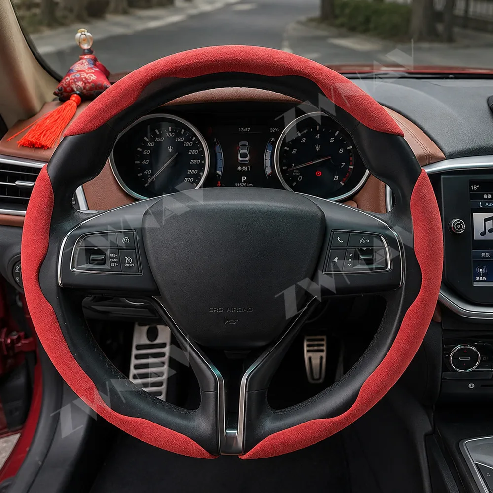 Universal Car Steering Wheel Cover Suede Style Anti-Slip Soft Leather Wrap Red Sporty Luxury Interior Accessory for Most Vehicle