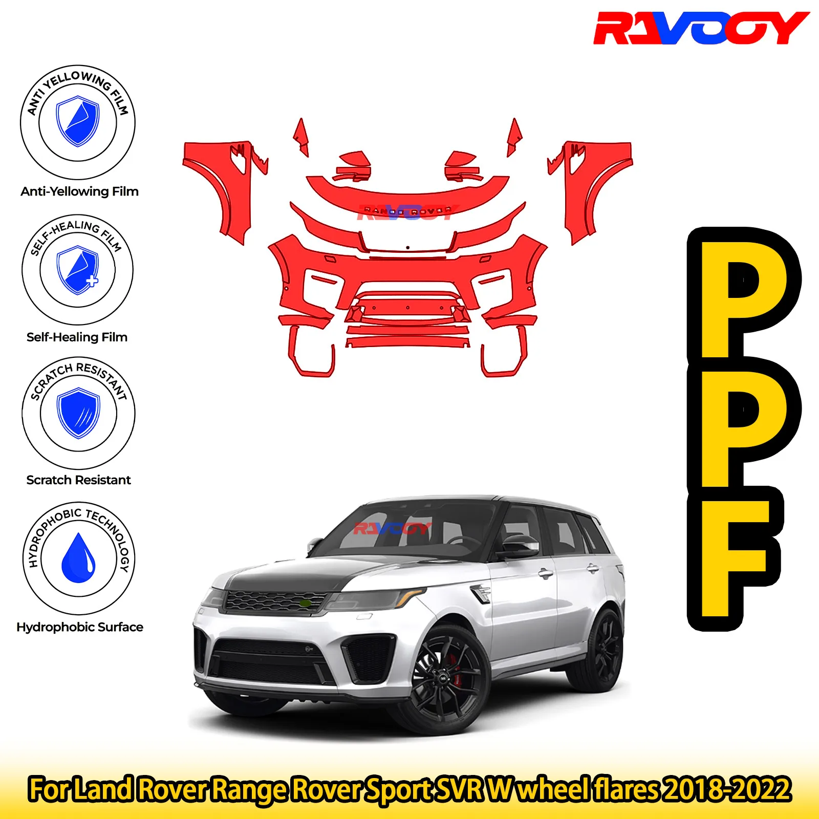 

Для Land Rover Range Rover Sport SVR расширители колес 2018-2022 глянцевый матовый черный предварительно вырезанный передний комплект PPF защитная пленка для краски