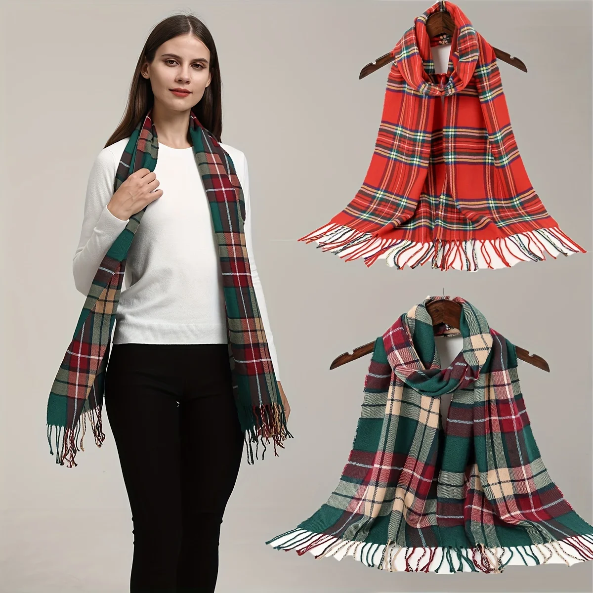 Long Striped Scarf Simple Thin Plaid Tassel Shawl Mature Warm Windproof Neck Scarf Casual Outdoor Unisex Scarf