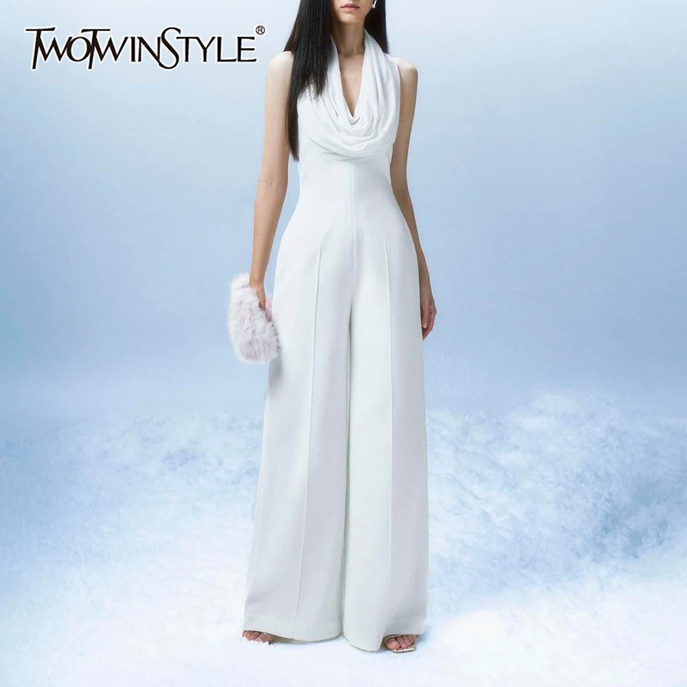 

TWOTWINSTYLE однотонные утягивающие комбинезоны со складками для женщин, минималистичный комбинезон без рукавов с открытой шеей и широкими штанинами, женский новый