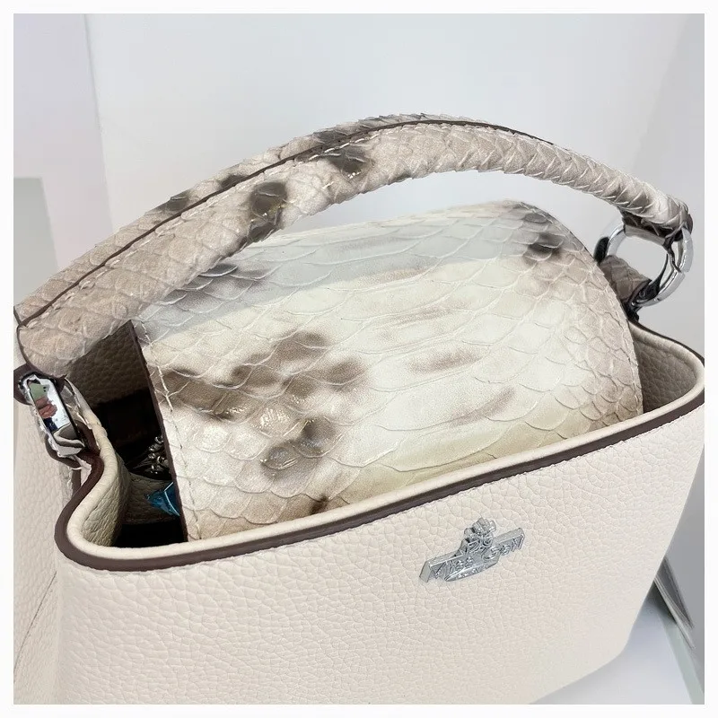 High Quality Cowhide Bucket Bag Summer New Snake Pattern Versatile Style Handheld Crossbody Women\'s Bag