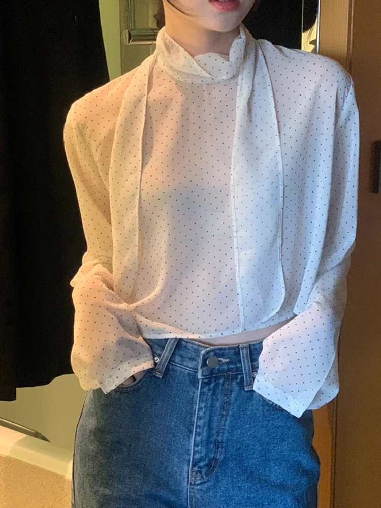 

Polka Dot Chiffon Base irt Women's Spring 2024 New Bubble Sve Inner Wear Top Ele Outerwear irt Korean Sle round ...