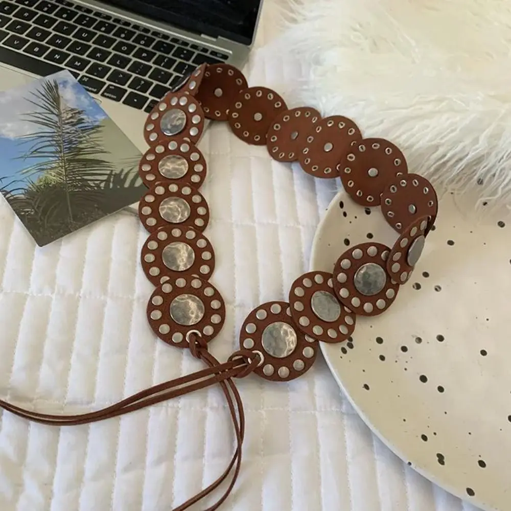 Американский винтажный женский ремень с заклепками, черный кофейный сверхпрочный кожаный пояс, круглый широкий платье, джинсовый ремень, уличная одежда