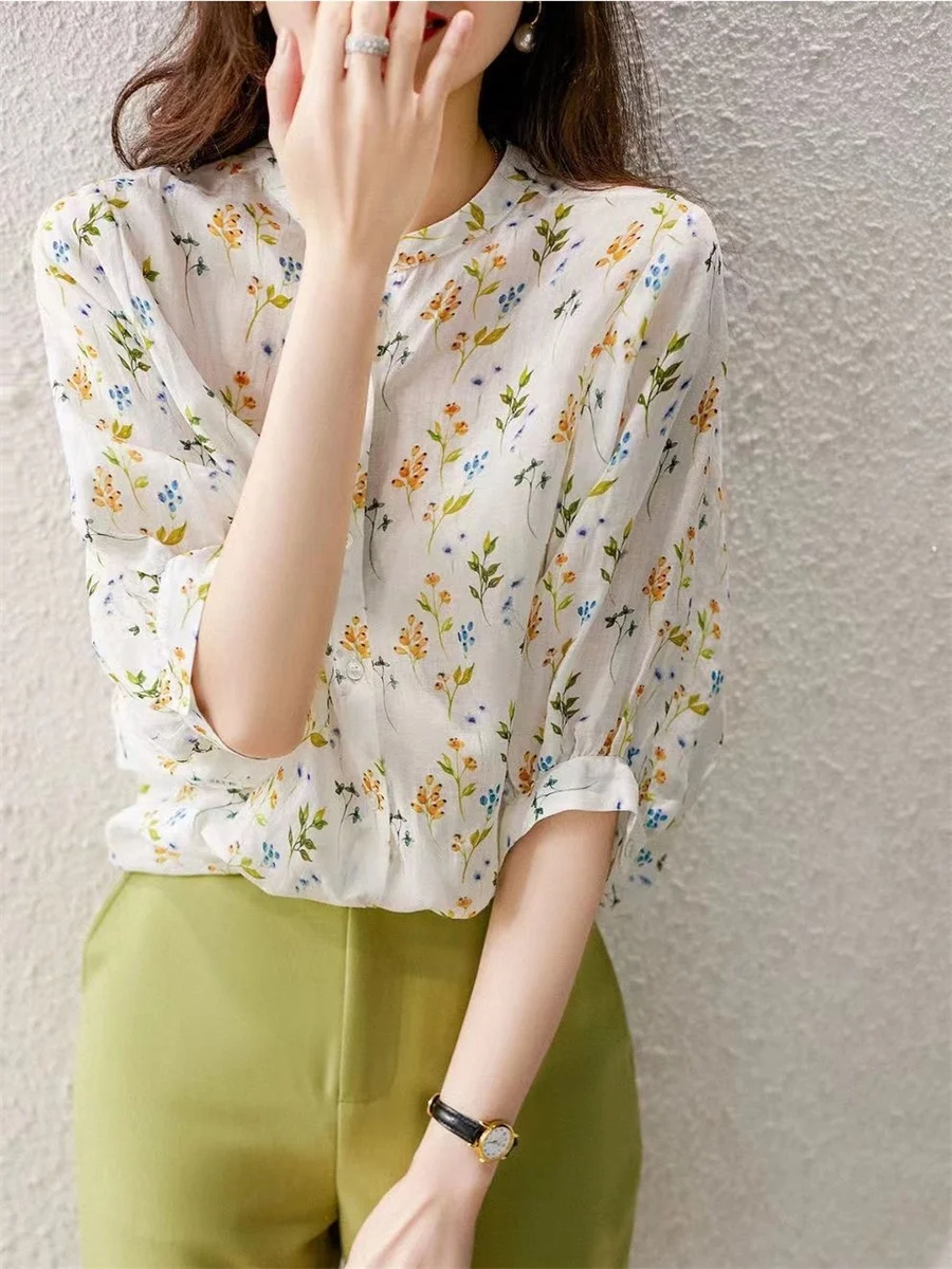 Blusas con estampado de flores para mujer, Tops informales de manga corta abullonada, cuello levantado, estilo veraniego, SP1496