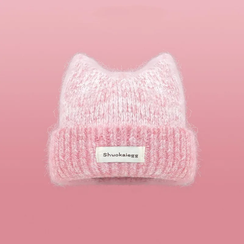 Winter Warm Knitted Beanie Hat for Women Cat Ear Design Fleece Lined Slouchy Cap Letter Pattern Y2K Streetwear for Daily Wear