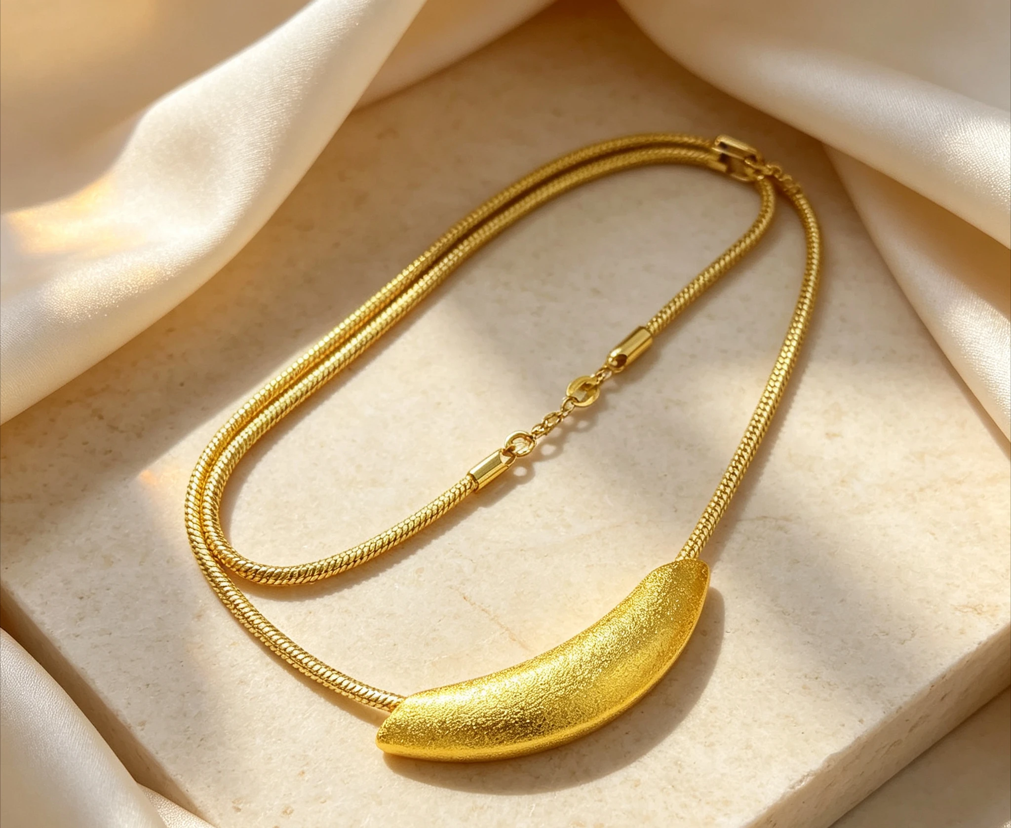 9999 Gold Light luxury vitage high-end cold metal style brushed curved tube crescent pendant design 999924K real gold necklace f