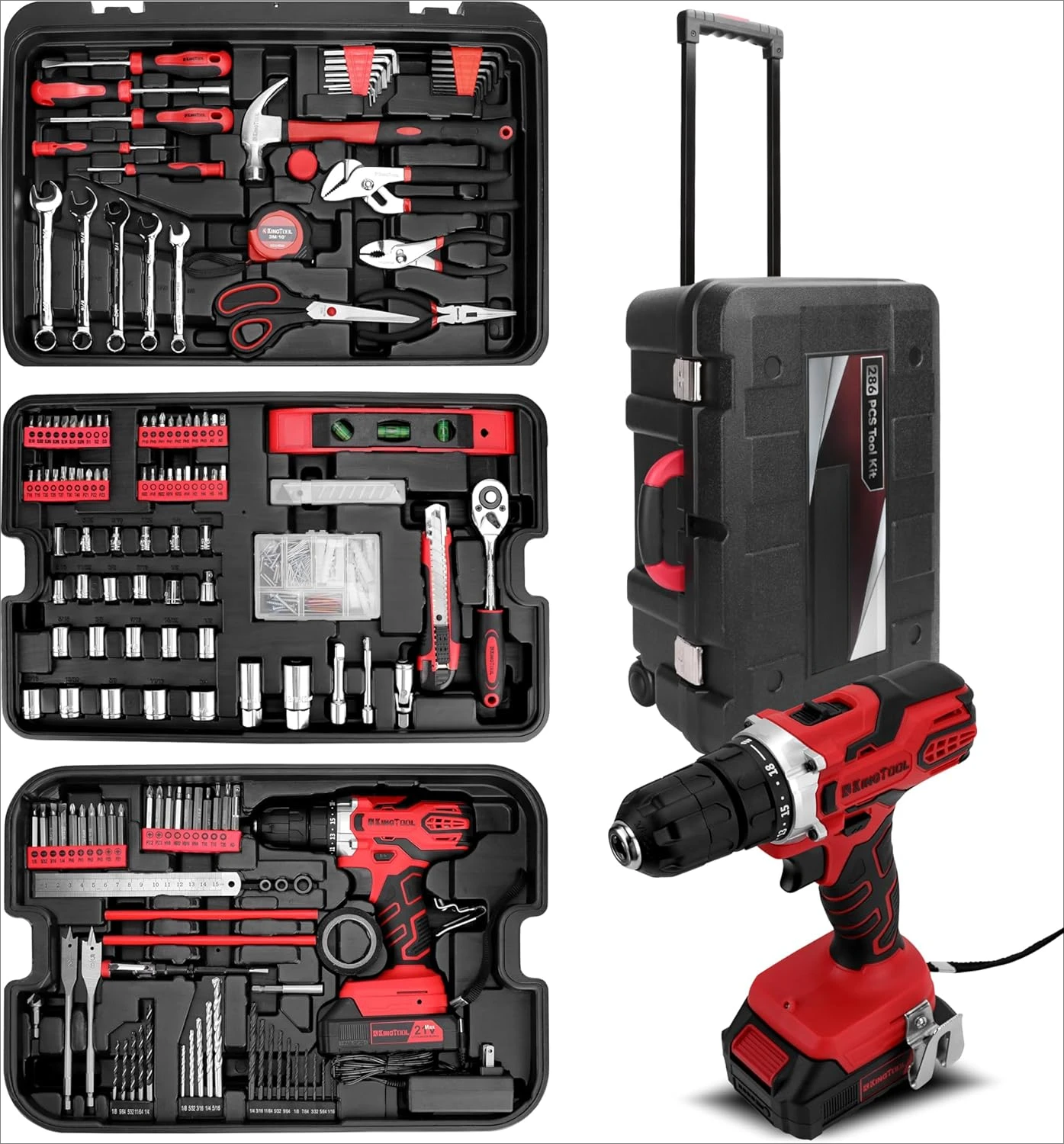 Home Tool Set Kit - 286 PCS Home Auto Repair Kit with Rolling Tool Box, Mechanic Tool Sets with 21V Max Cordless