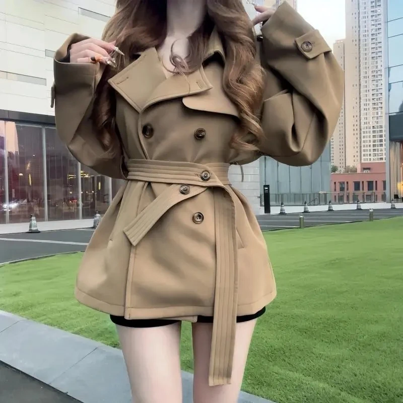 Chique casual curto trench coat jaqueta feminina outono inverno nova moda duplo breasted design cintura emagrecimento blusões